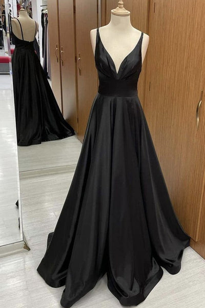 A Line V Neck Backless Black Long Prom Dresses, V Neck Black Formal Dresses, Backless Black Evening Dresses A1279