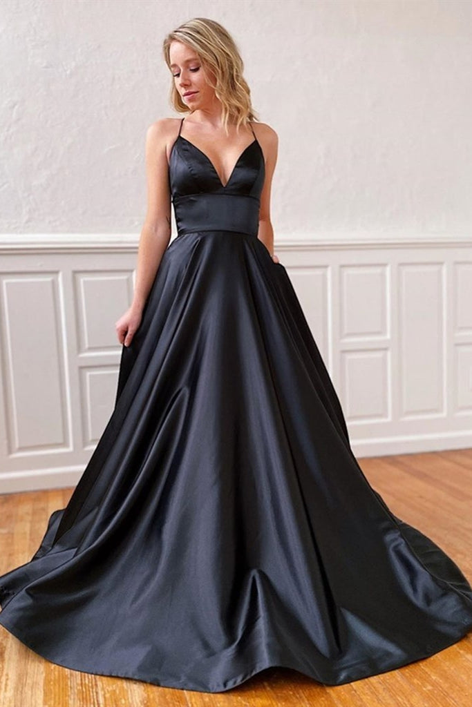 A Line V Neck Backless Black Satin Long Prom Dress, Backless Black Formal Graduation Evening Dress