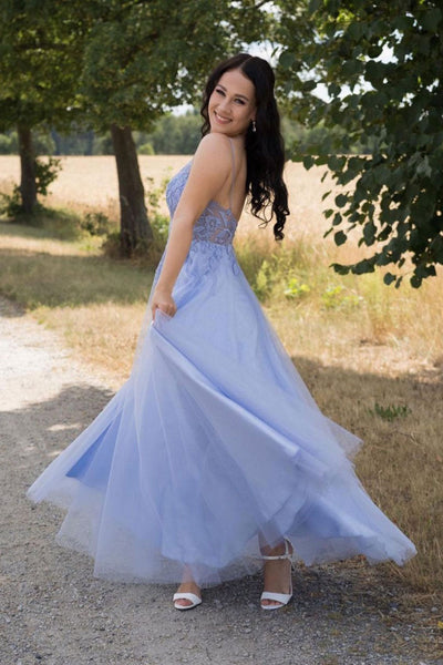 A Line V Neck Backless Blue Lace Long Prom Dress, Blue Lace Formal Dress, Blue Evening Dress A1682