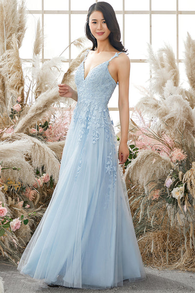A Line V Neck Backless Blue Lace Long Prom Dress, Open Back Blue Tulle Formal Dress, Blue Lace Evening Dress A1496