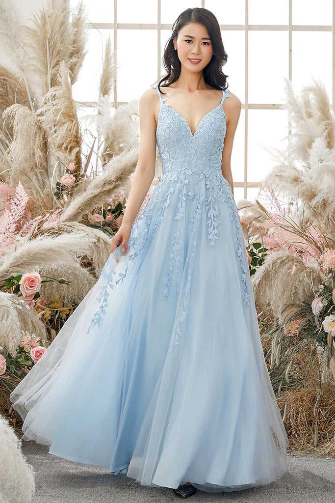 A Line V Neck Backless Blue Lace Long Prom Dress, Open Back Blue Tulle Formal Dress, Blue Lace Evening Dress A1496