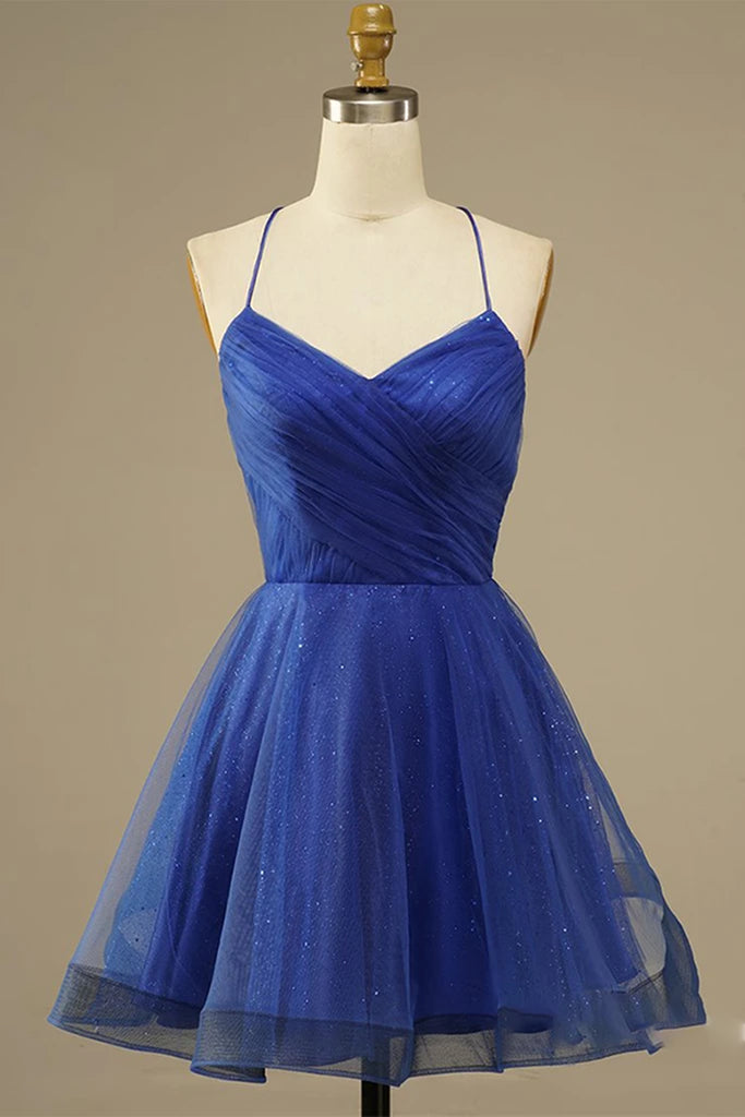 A Line V Neck Backless Blue Tulle Prom Dress, Backless Blue Homecoming