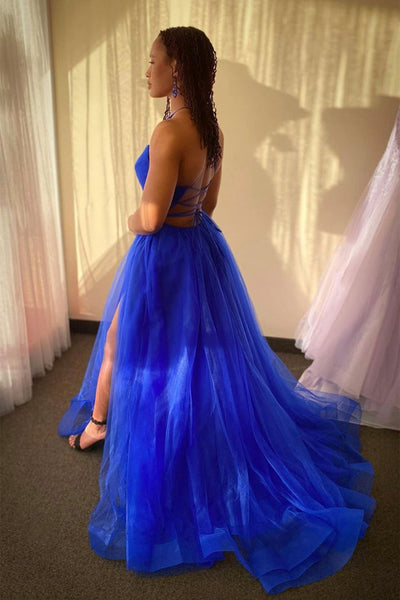 A Line V Neck Backless Blue Tulle long Prom Dress with High Slit, Backless Blue Formal Graduation Evening Dress A1579