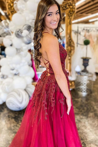 A Line V Neck Backless Burgundy Lace Long Prom Dress, Long Burgundy Lace Formal Evening Dress