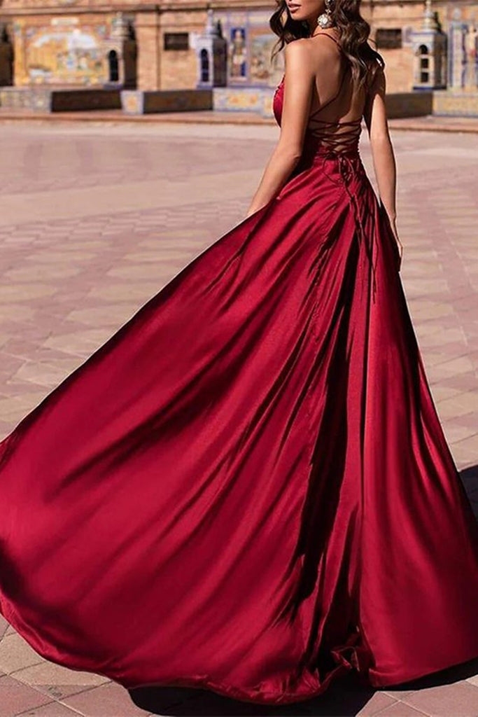 double slit satin dress Burgundy Satin A Line V Neck Long Prom Dresses with Double Slit, V Nec Lwt Dress