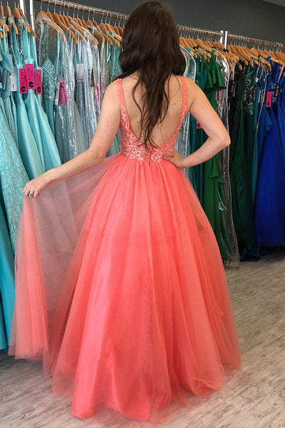 A Line V Neck Backless Coral Lace Long Prom Dress, Coral Lace Floral Formal Dress, Coral Evening Dress