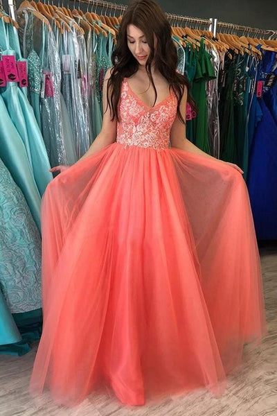 A Line V Neck Backless Coral Lace Long Prom Dress, Coral Lace Floral Formal Dress, Coral Evening Dress