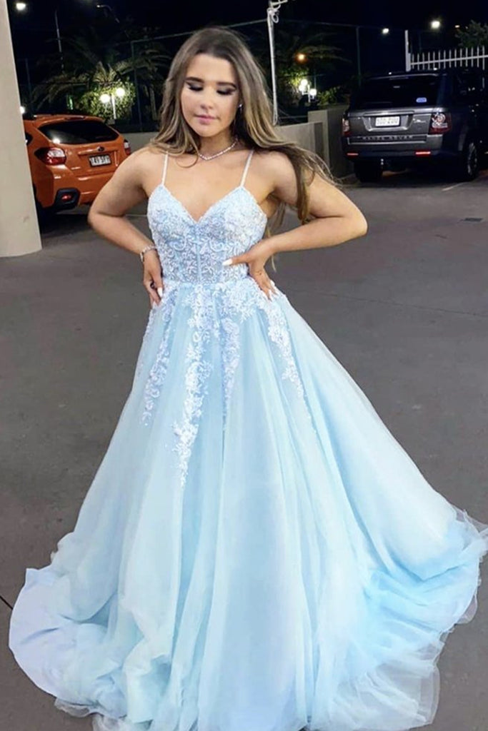 A Line V Neck Backless Light Blue Lace Long Prom Dress, Light Blue