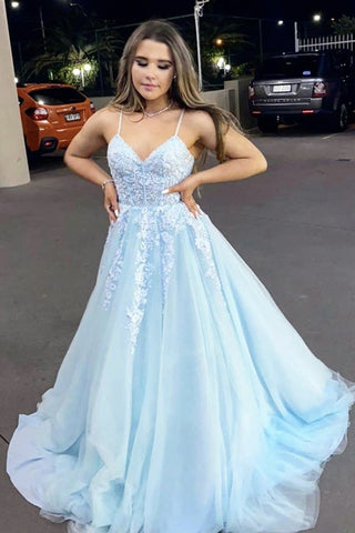 A Line V Neck Light Blue Lace Floral Long Prom Dress, Light Blue