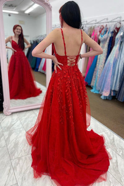 A Line V Neck Backless Red Lace Long Prom Dress, Backless Red Formal Dress, Red Lace Evening Dress A1438