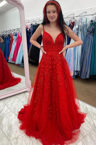 A Line V Neck Backless Red Lace Long Prom Dress, Backless Red Formal Dress, Red Lace Evening Dress A1438