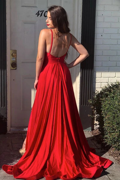 A Line V Neck Backless Red Long Prom Dress with High Slit, Backless Red Formal Dress, Red Evening Dress