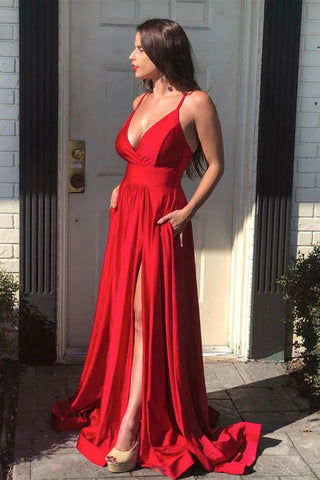A Line V Neck Backless Red Long Prom Dress with High Slit, Backless Red Formal Dress, Red Evening Dress