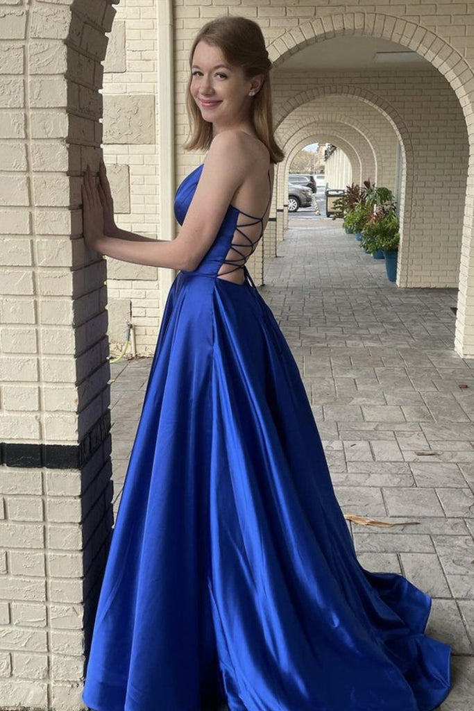 blue formal dress with pockets A-Line Side Slit Teal Long Prom Dress with Pockets FancyVestido