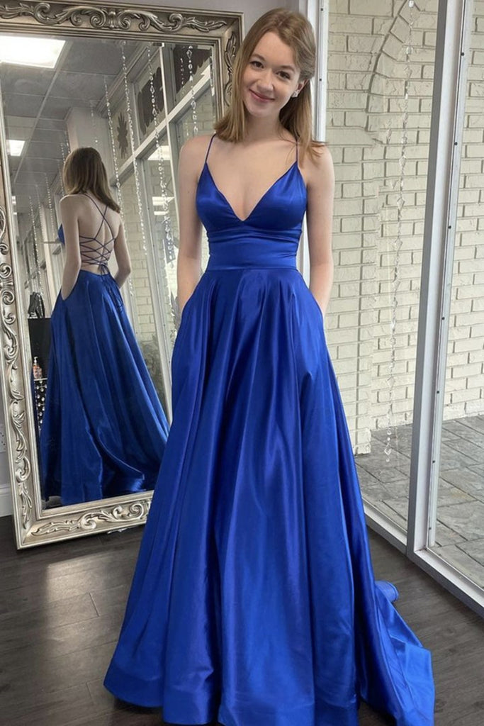 A Line V Neck Backless Royal Blue Satin Long Prom Dress with Pocket, Backless Long Royal Blue Formal Evening Dress