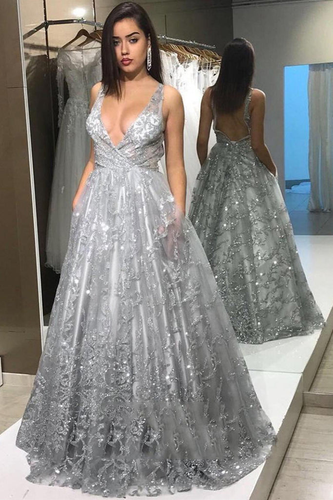 A Line V Neck Backless Silver Grey Lace Long Prom Dress, Silver Grey Lace Formal Graduation Evening Dress A Line V Neck Backless Silver Grey Lace Long Prom Dress, Silver Grey Lace Formal Graduation Evening Dress