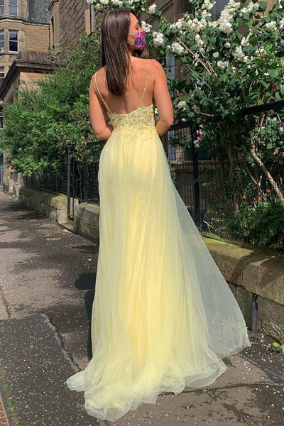 A Line V Neck Backless Yellow Lace Prom Dress with Leg Slit, Yellow Lace Formal Dress, Yellow Evening Dress