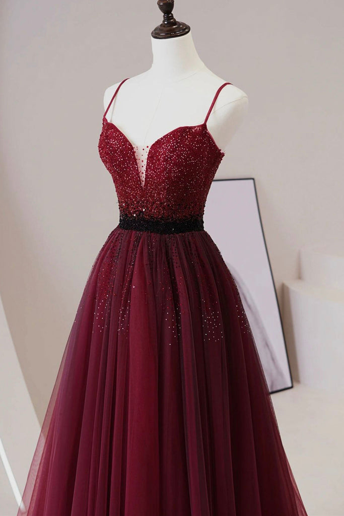 A Line V Neck Beaded Burgundy Tulle Long Prom Dress, Beaded Burgundy F ...