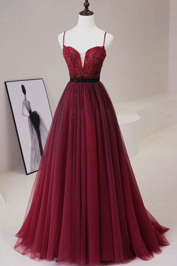 A Line V Neck Beaded Burgundy Tulle Long Prom Dress, Beaded Burgundy F abcprom A Line V Neck Beaded Burgundy Tulle Long Prom Dress, Beaded Burgundy F abcprom