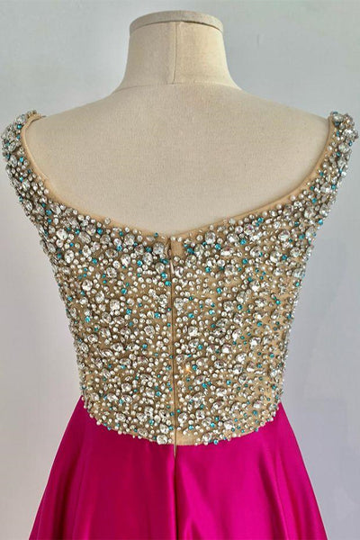 A Line V Neck Beaded Fuchsia Long Prom Dress, V Neck Fuchsia Formal Dress, Beaded Fuchsia Evening Dress A1340