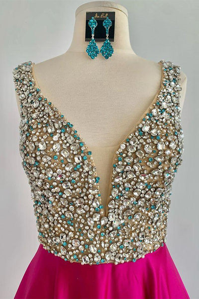 A Line V Neck Beaded Fuchsia Long Prom Dress, V Neck Fuchsia Formal Dress, Beaded Fuchsia Evening Dress A1340