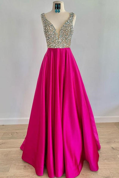 A Line V Neck Beaded Fuchsia Long Prom Dress, V Neck Fuchsia Formal Dress, Beaded Fuchsia Evening Dress A1340