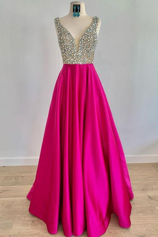 A Line V Neck Beaded Fuchsia Long Prom Dress, V Neck Fuchsia Formal Dress, Beaded Fuchsia Evening Dress A1340