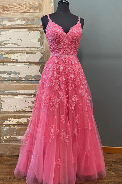 A Line V Neck Beaded Hot Pink Lace Long Prom Dress, Hot Pink Lace Formal Graduation Evening Dress A1460