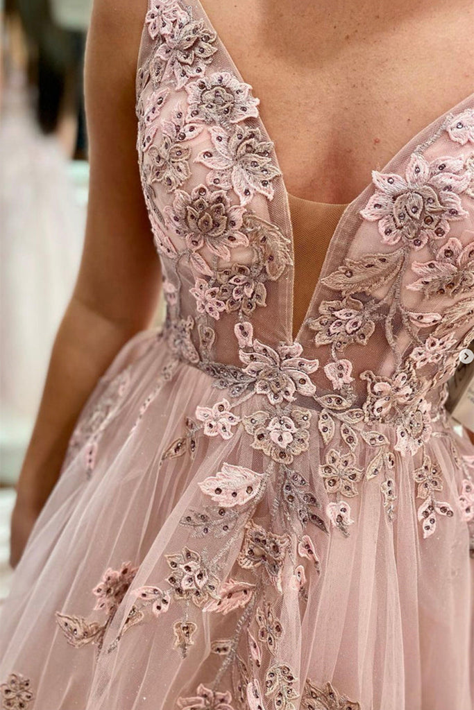 A Line V Neck Beaded Pink Lace Floral Long Prom Dress, Pink Lace Forma abcprom A Line V Neck Beaded Pink Lace Floral Long Prom Dress, Pink Lace Forma abcprom