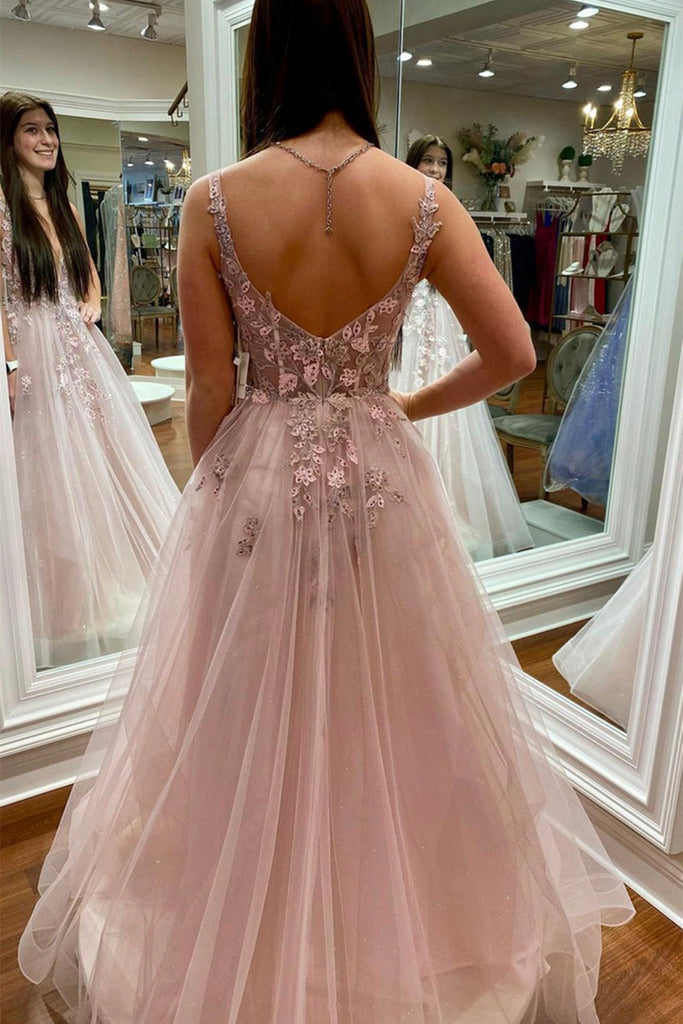 A Line V Neck Beaded Pink Lace Floral Long Prom Dress