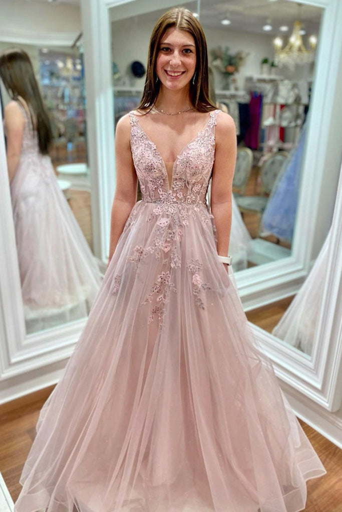 A Line V Neck Beaded Pink Lace Floral Long Prom Dress, Pink Lace Forma abcprom A Line V Neck Beaded Pink Lace Floral Long Prom Dress, Pink Lace Forma abcprom