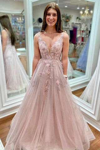 A Line V Neck Beaded Pink Lace Floral Long Prom Dress, Pink Lace Formal Dress, Pink Evening Dress A1568