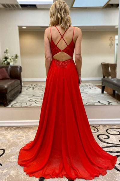 A Line V Neck Beaded Red Lace Long Prom Dress, Red Lace Formal Dress, Red Evening Dress