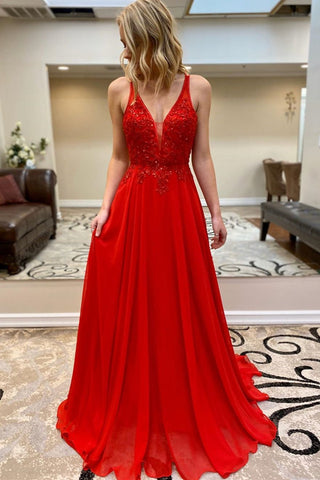 A Line V Neck Beaded Red Lace Long Prom Dress, Red Lace Formal Dress, Red Evening Dress