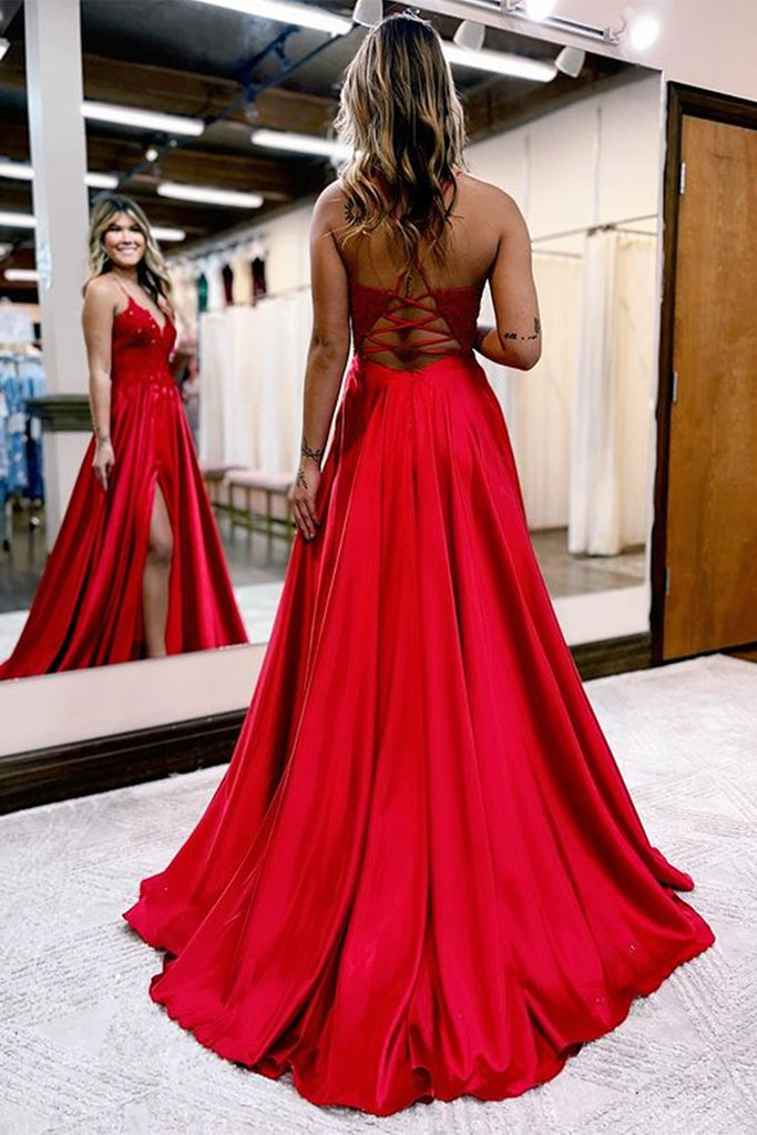 A Line V Neck Beaded Red Lace Long Prom Dress with High Slit, Red Lace abcprom A Line V Neck Beaded Red Lace Long Prom Dress with High Slit, Red Lace abcprom