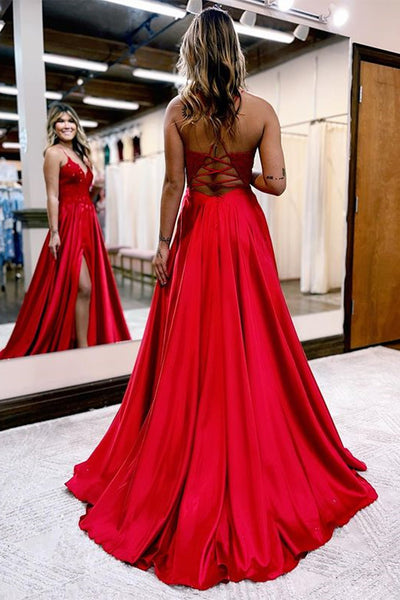 A Line V Neck Beaded Red Lace Long Prom Dress with High Slit, Red Lace Formal Graduation Evening Dress A1737
