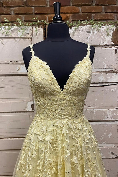 A Line V Neck Beaded Yellow Lace Tulle Long Prom Dress, Yellow Lace Formal Dress, Beaded Yellow Evening Dress A1578