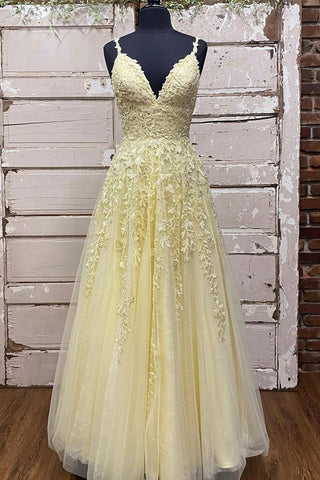 A Line V Neck Beaded Yellow Lace Tulle Long Prom Dress, Yellow Lace Formal Dress, Beaded Yellow Evening Dress A1578
