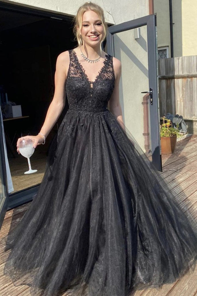 A Line V Neck Black Lace Long Prom Dresses, Black Lace Formal Dresses, abcprom A Line V Neck Black Lace Long Prom Dresses, Black Lace Formal Dresses, abcprom