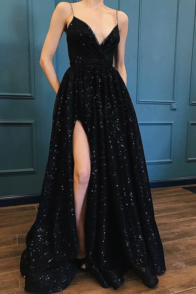 A Line V Neck Black Lace Long Prom Dress with Slit, Black Long Lace Formal Graduation Evening Dress