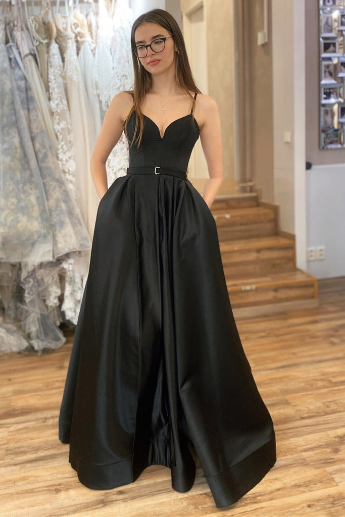 A Line V Neck Black Satin Long Prom Dress with High Slit, V Neck Black abcprom A Line V Neck Black Satin Long Prom Dress with High Slit, V Neck Black abcprom