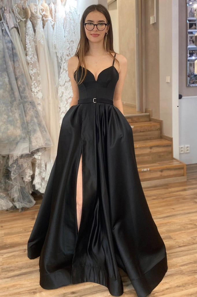 A Line V Neck Black Satin Long Prom Dress with High Slit, V Neck Black abcprom A Line V Neck Black Satin Long Prom Dress with High Slit, V Neck Black abcprom
