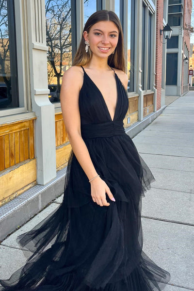 A Line V Neck Black Tulle Layered Long Prom Dress, V Neck Black Formal Dress, Long Black Evening Dress A1838