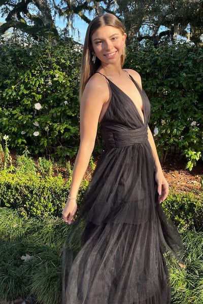 A Line V Neck Black Tulle Layered Long Prom Dress, V Neck Black Formal Dress, Long Black Evening Dress A1838