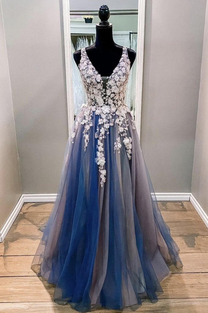 A Line V Neck Blue Lace Long Prom Dress, Long Blue Formal Evening Dress