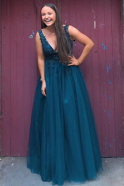 A Line V Neck Blue Lace Long Prom Dress, Long Blue Lace Formal Dress, Blue Lace Evening Dress