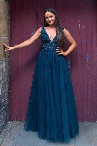 A Line V Neck Blue Lace Long Prom Dress, Long Blue Lace Formal Dress, Blue Lace Evening Dress