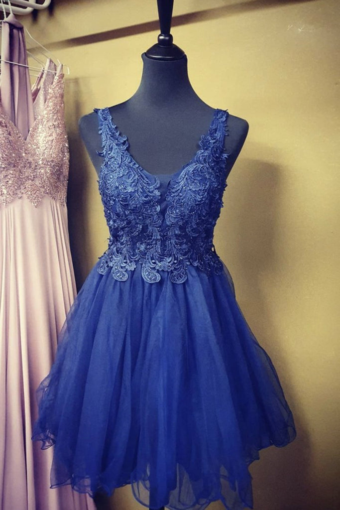 A Line V Neck Blue Lace Short Prom Dress, Blue Lace Homecoming Dress, abcprom A Line V Neck Blue Lace Short Prom Dress, Blue Lace Homecoming Dress, abcprom