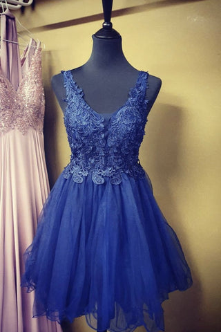 A Line V Neck Blue Lace Short Prom Dress, Blue Lace Homecoming Dress, Short Blue Formal Evening Dress