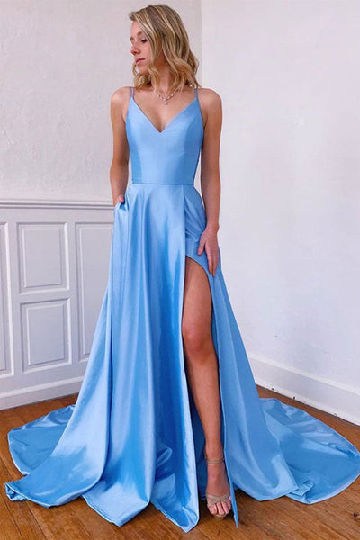 A Line V Neck Blue Satin Long Prom Dress with High Slit, V Neck Blue Formal Graduation Evening Dress SP1476
